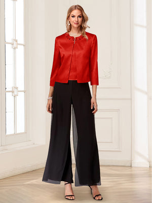 Scoop Long Sleeves 3 Pieces Pantsuits with Beading