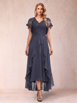 A-Line/Princess V-Neck Short Sleeves Asymmetrical Tea-Length Mother of the Bride Dresses with Appliques & Ruffles