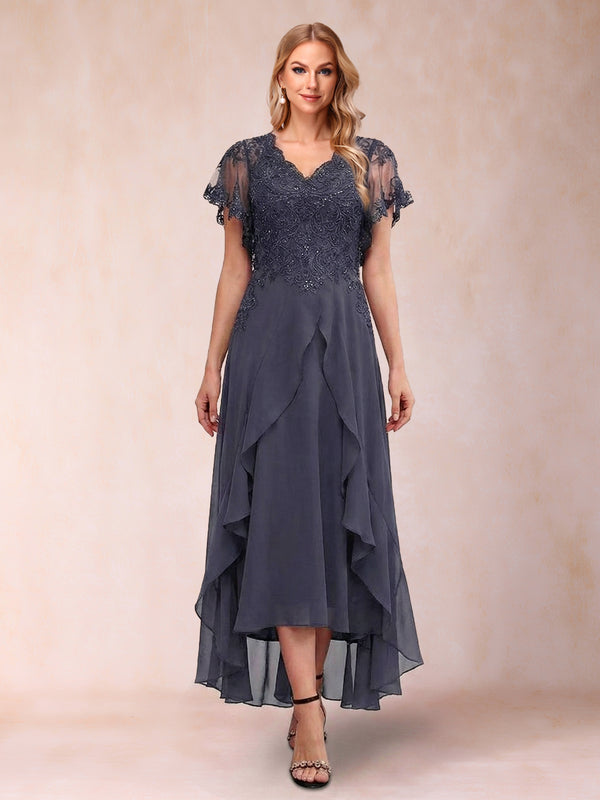 A-Line/Princess V-Neck Short Sleeves Asymmetrical Tea-Length Mother of the Bride Dresses with Appliques & Ruffles