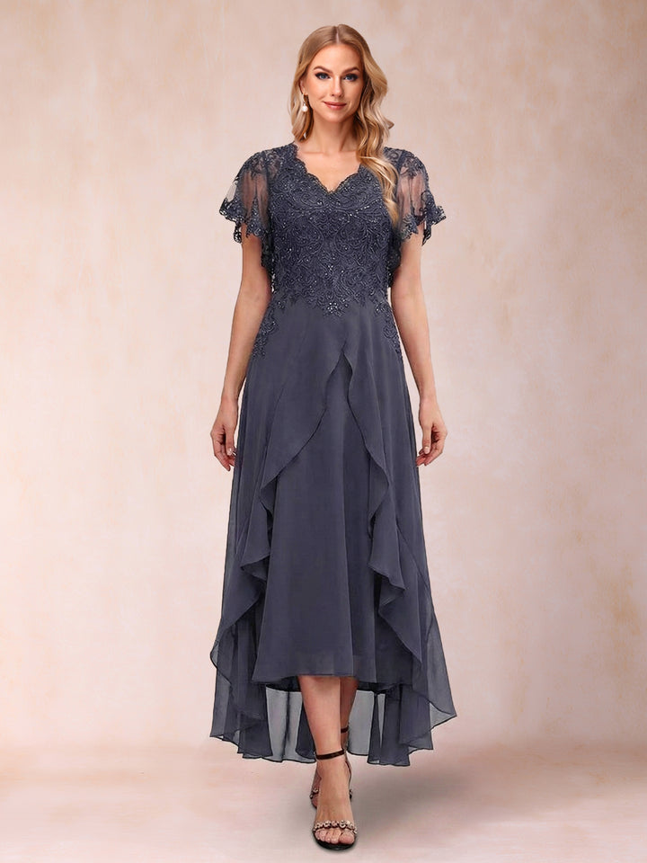 A-Line/Princess V-Neck Short Sleeves Asymmetrical Tea-Length Mother of the Bride Dresses with Appliques &amp; Ruffles