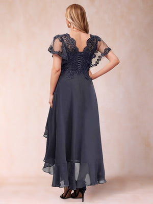 A-Line/Princess V-Neck Short Sleeves Asymmetrical Tea-Length Mother of the Bride Dresses with Appliques & Ruffles