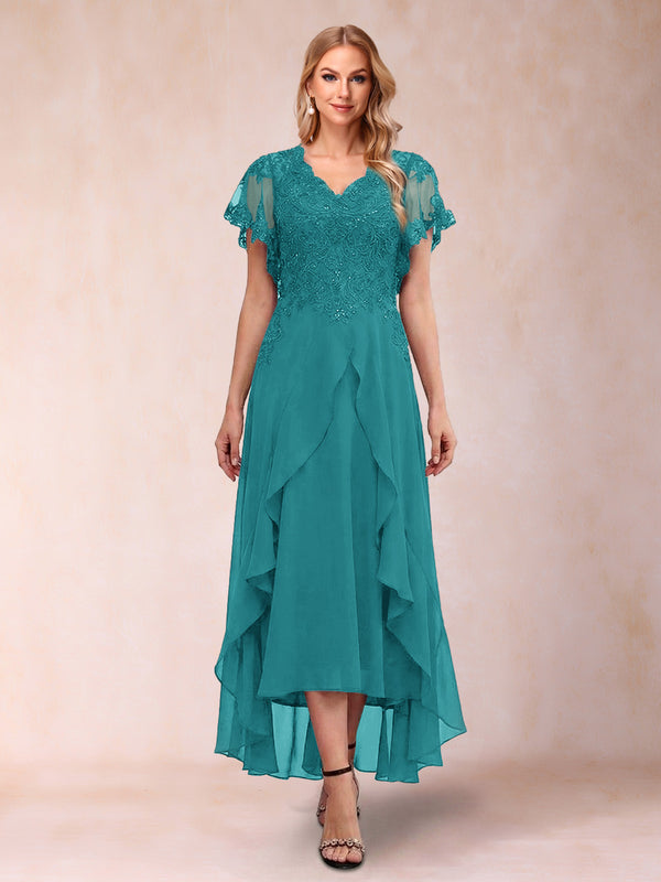 A-Line/Princess V-Neck Short Sleeves Asymmetrical Tea-Length Mother of the Bride Dresses with Appliques & Ruffles