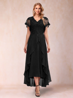 A-Line/Princess V-Neck Short Sleeves Asymmetrical Tea-Length Mother of the Bride Dresses with Appliques & Ruffles