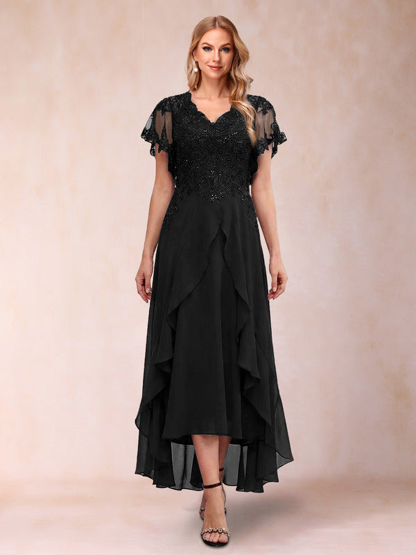 A-Line/Princess V-Neck Short Sleeves Asymmetrical Tea-Length Mother of the Bride Dresses with Appliques & Ruffles