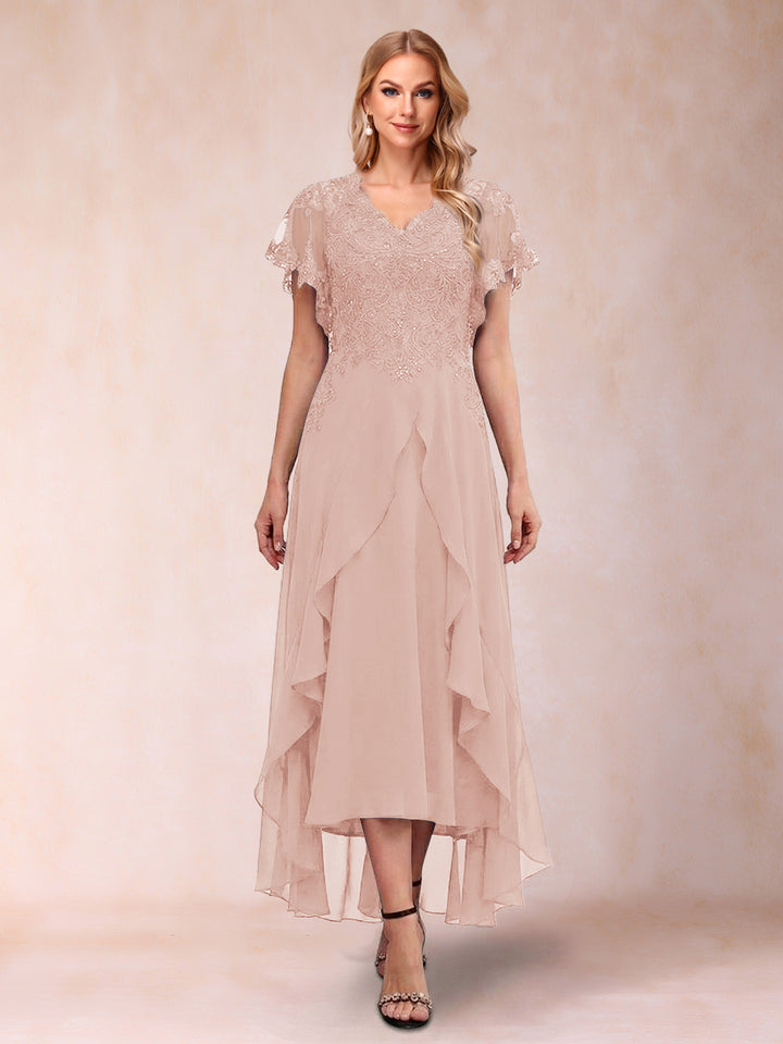 A-Line/Princess V-Neck Short Sleeves Asymmetrical Tea-Length Mother of the Bride Dresses with Appliques &amp; Ruffles