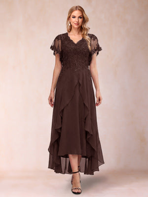A-Line/Princess V-Neck Short Sleeves Asymmetrical Tea-Length Mother of the Bride Dresses with Appliques & Ruffles