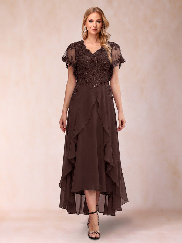 A-Line/Princess V-Neck Short Sleeves Asymmetrical Tea-Length Mother of the Bride Dresses with Appliques & Ruffles