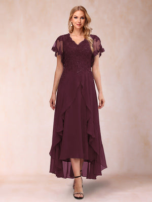 A-Line/Princess V-Neck Short Sleeves Asymmetrical Tea-Length Mother of the Bride Dresses with Appliques & Ruffles