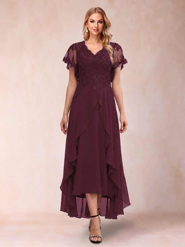A-Line/Princess V-Neck Short Sleeves Asymmetrical Tea-Length Mother of the Bride Dresses with Appliques & Ruffles