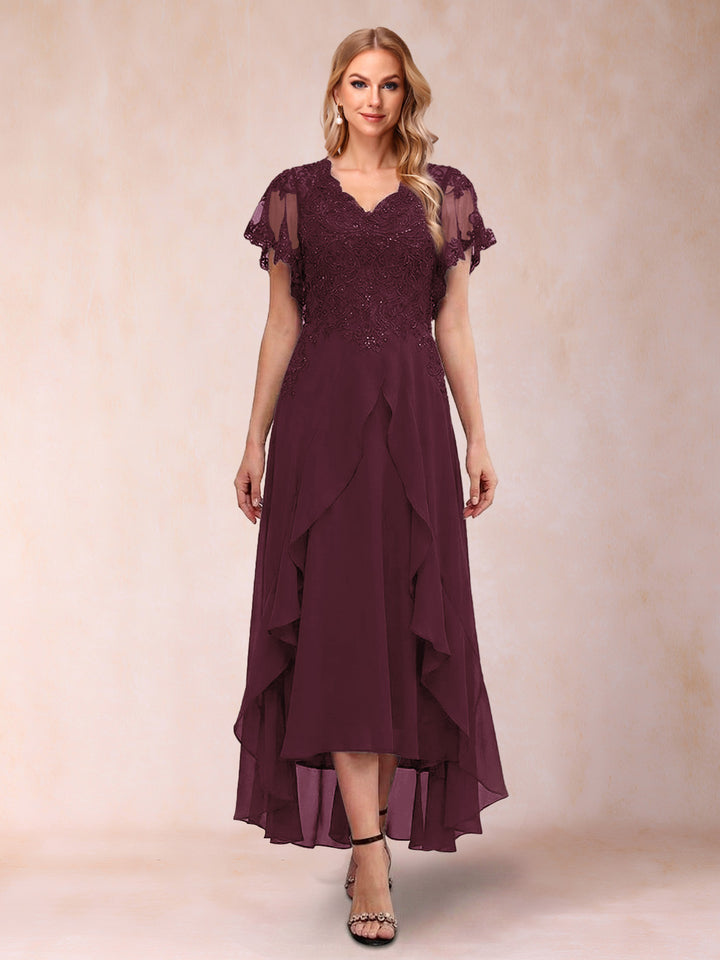 A-Line/Princess V-Neck Short Sleeves Asymmetrical Tea-Length Mother of the Bride Dresses with Appliques &amp; Ruffles
