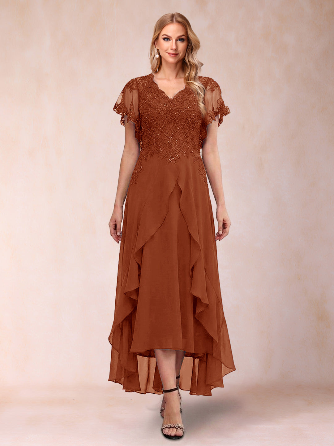 A-Line/Princess V-Neck Short Sleeves Asymmetrical Tea-Length Mother of the Bride Dresses with Appliques &amp; Ruffles