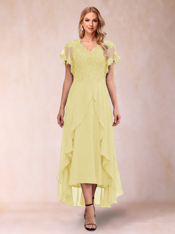 A-Line/Princess V-Neck Short Sleeves Asymmetrical Tea-Length Mother of the Bride Dresses with Appliques & Ruffles