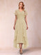A-Line/Princess V-Neck Short Sleeves Asymmetrical Tea-Length Mother of the Bride Dresses with Appliques & Ruffles