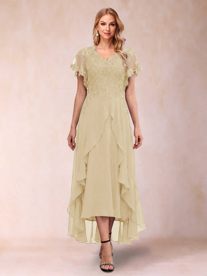 A-Line/Princess V-Neck Short Sleeves Asymmetrical Tea-Length Mother of the Bride Dresses with Appliques &amp; Ruffles