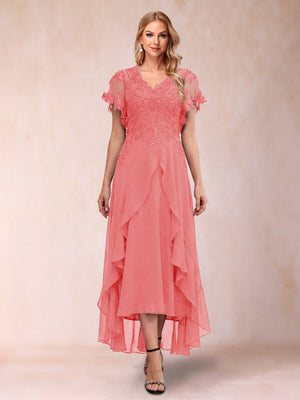 A-Line/Princess V-Neck Short Sleeves Asymmetrical Tea-Length Mother of the Bride Dresses with Appliques & Ruffles
