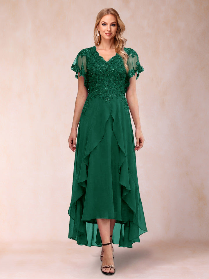 A-Line/Princess V-Neck Short Sleeves Asymmetrical Tea-Length Mother of the Bride Dresses with Appliques &amp; Ruffles