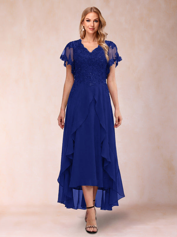 A-Line/Princess V-Neck Short Sleeves Asymmetrical Tea-Length Mother of the Bride Dresses with Appliques & Ruffles