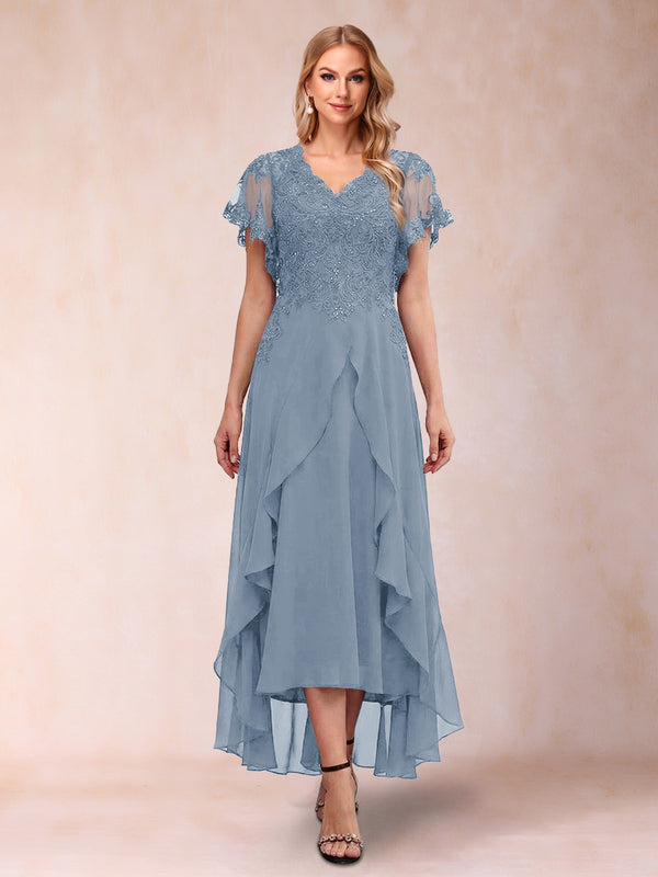 A-Line/Princess V-Neck Short Sleeves Asymmetrical Tea-Length Mother of the Bride Dresses with Appliques & Ruffles