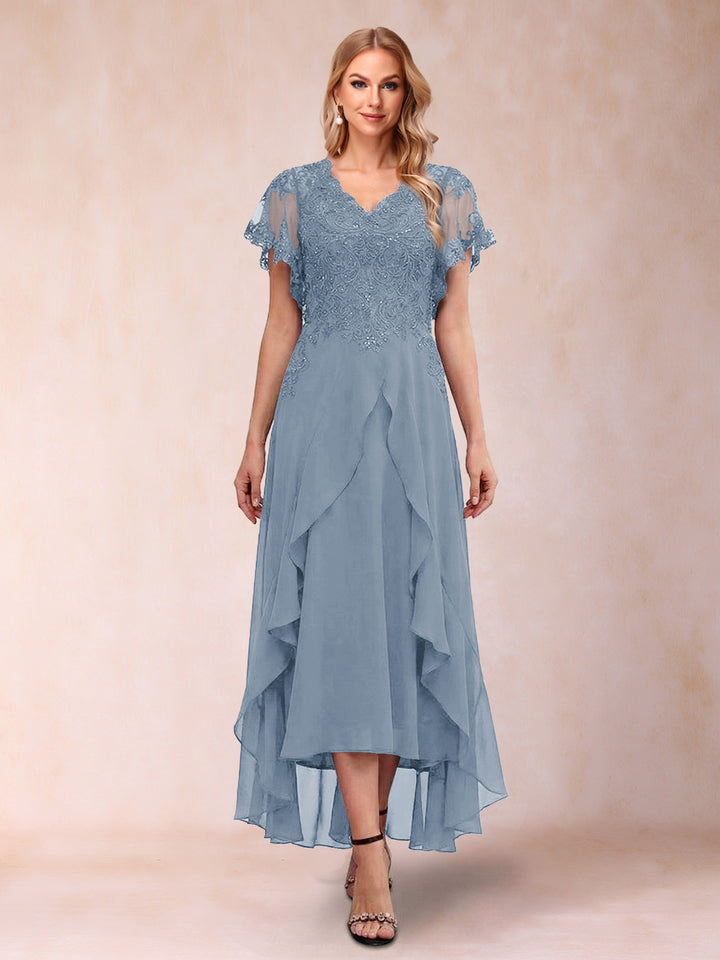 A-Line/Princess V-Neck Short Sleeves Asymmetrical Tea-Length Mother of the Bride Dresses with Appliques &amp; Ruffles