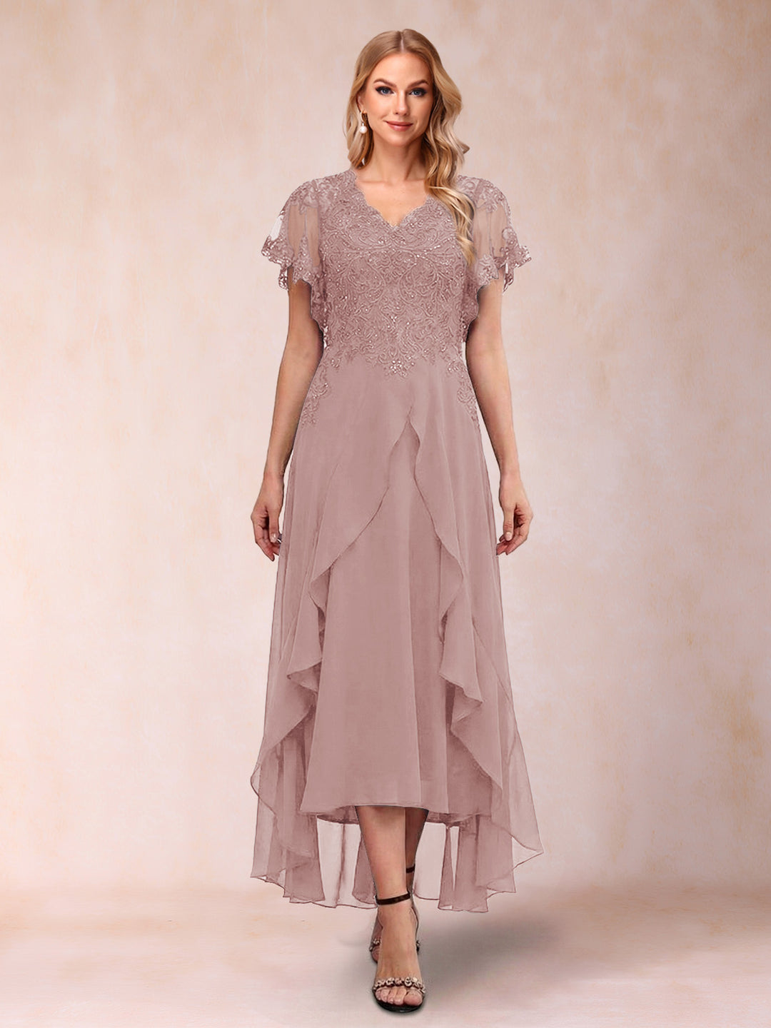 A-Line/Princess V-Neck Short Sleeves Asymmetrical Tea-Length Mother of the Bride Dresses with Appliques &amp; Ruffles