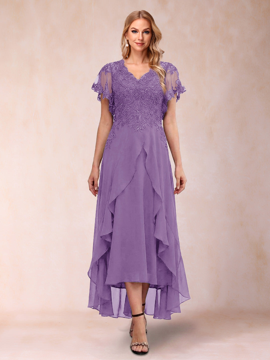 A-Line/Princess V-Neck Short Sleeves Asymmetrical Tea-Length Mother of the Bride Dresses with Appliques &amp; Ruffles