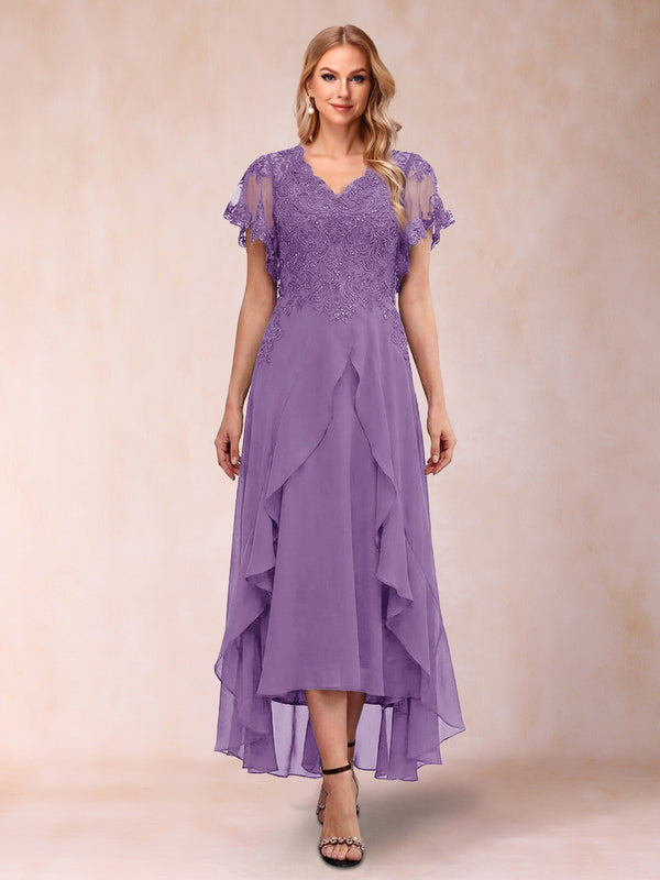 A-Line/Princess V-Neck Short Sleeves Asymmetrical Tea-Length Mother of the Bride Dresses with Appliques & Ruffles