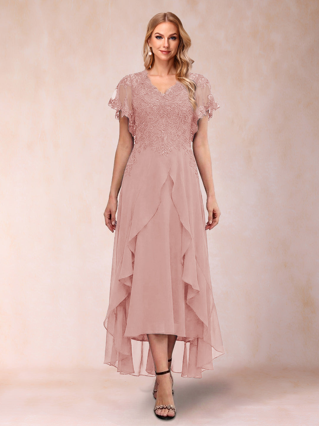 A-Line/Princess V-Neck Short Sleeves Asymmetrical Tea-Length Mother of the Bride Dresses with Appliques &amp; Ruffles