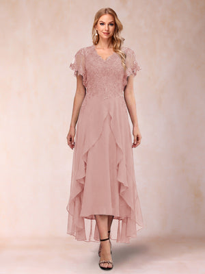 A-Line/Princess V-Neck Short Sleeves Asymmetrical Tea-Length Mother of the Bride Dresses with Appliques & Ruffles
