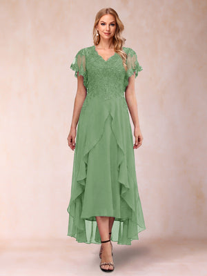 A-Line/Princess V-Neck Short Sleeves Asymmetrical Tea-Length Mother of the Bride Dresses with Appliques & Ruffles