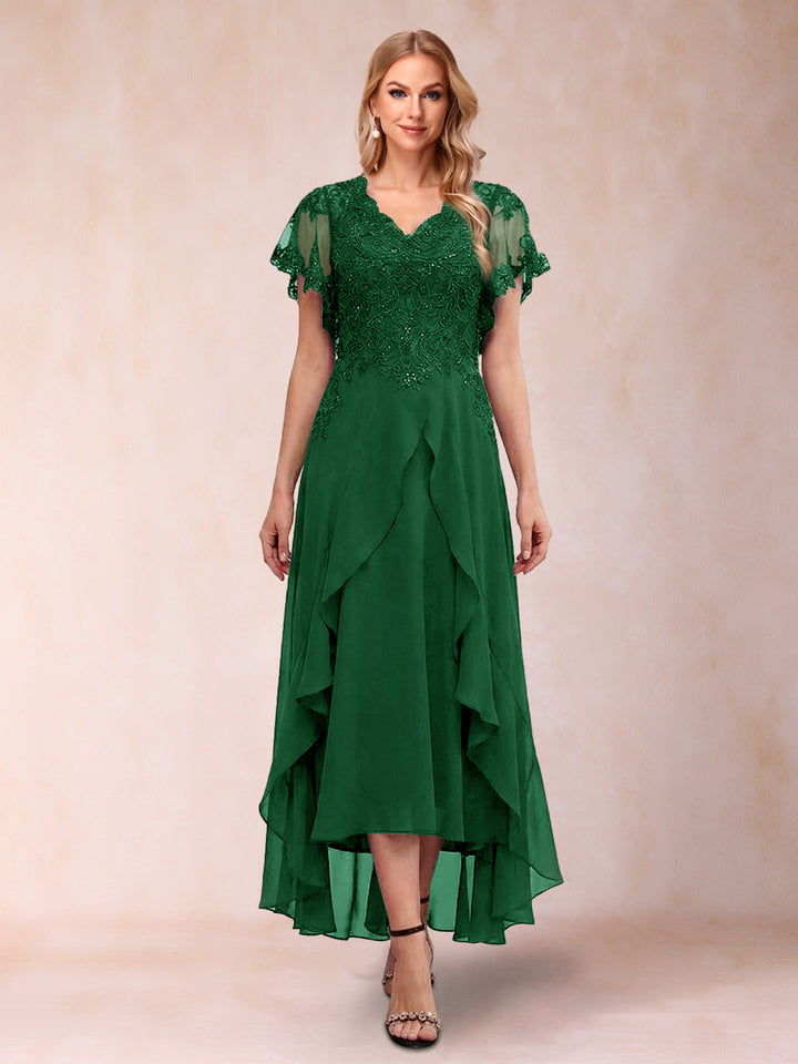 A-Line/Princess V-Neck Short Sleeves Asymmetrical Tea-Length Mother of the Bride Dresses with Appliques &amp; Ruffles