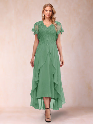 A-Line/Princess V-Neck Short Sleeves Asymmetrical Tea-Length Mother of the Bride Dresses with Appliques & Ruffles