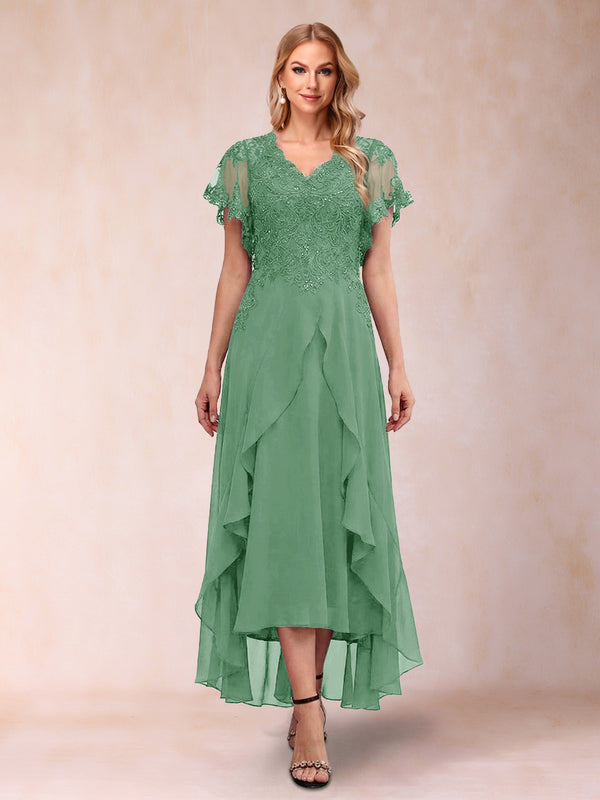 A-Line/Princess V-Neck Short Sleeves Asymmetrical Tea-Length Mother of the Bride Dresses with Appliques & Ruffles