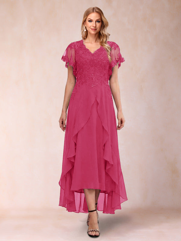 A-Line/Princess V-Neck Short Sleeves Asymmetrical Tea-Length Mother of the Bride Dresses with Appliques & Ruffles