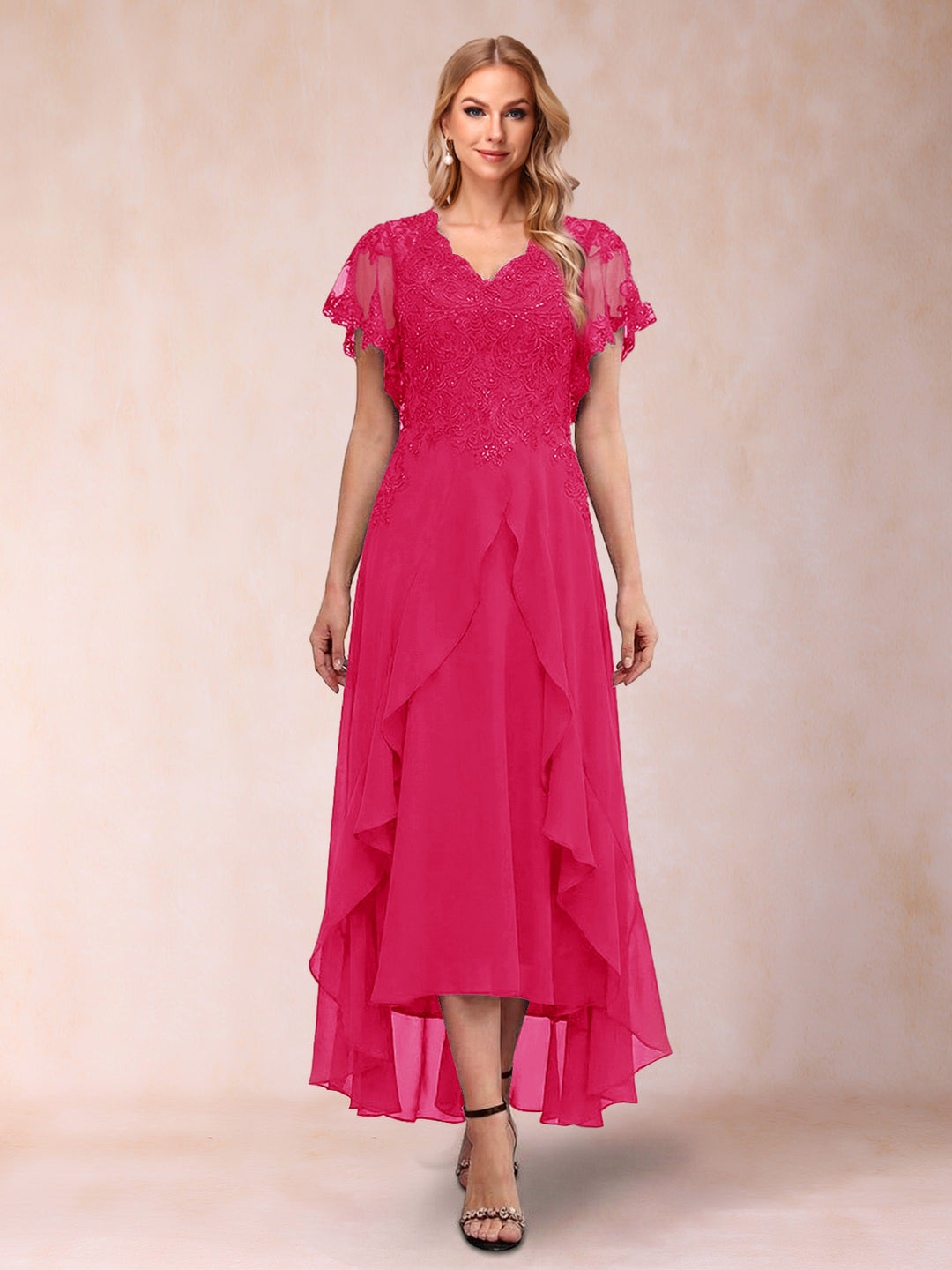 A-Line/Princess V-Neck Short Sleeves Asymmetrical Tea-Length Mother of the Bride Dresses with Appliques &amp; Ruffles