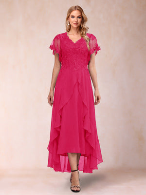 A-Line/Princess V-Neck Short Sleeves Asymmetrical Tea-Length Mother of the Bride Dresses with Appliques & Ruffles
