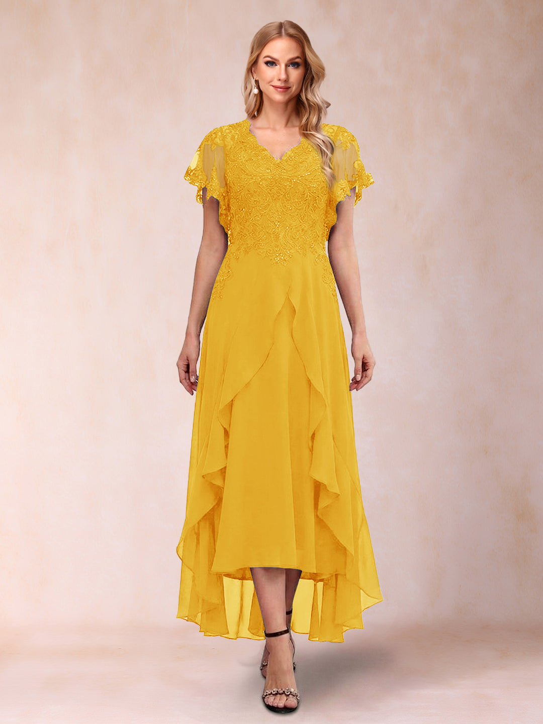 A-Line/Princess V-Neck Short Sleeves Asymmetrical Tea-Length Mother of the Bride Dresses with Appliques &amp; Ruffles