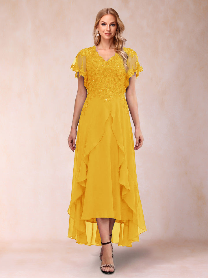 A-Line/Princess V-Neck Short Sleeves Asymmetrical Tea-Length Mother of the Bride Dresses with Appliques &amp; Ruffles