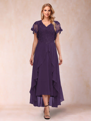 A-Line/Princess V-Neck Short Sleeves Asymmetrical Tea-Length Mother of the Bride Dresses with Appliques & Ruffles
