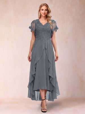 A-Line/Princess V-Neck Short Sleeves Asymmetrical Tea-Length Mother of the Bride Dresses with Appliques & Ruffles