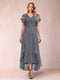 A-Line/Princess V-Neck Short Sleeves Asymmetrical Tea-Length Mother of the Bride Dresses with Appliques & Ruffles