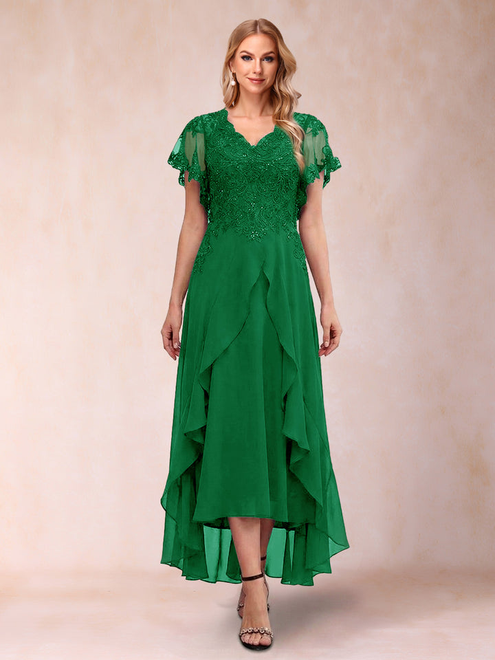 A-Line/Princess V-Neck Short Sleeves Asymmetrical Tea-Length Mother of the Bride Dresses with Appliques &amp; Ruffles