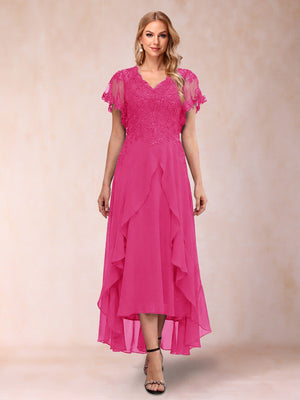 A-Line/Princess V-Neck Short Sleeves Asymmetrical Tea-Length Mother of the Bride Dresses with Appliques & Ruffles