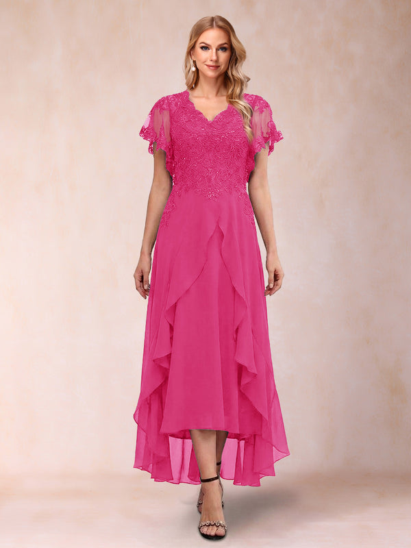 A-Line/Princess V-Neck Short Sleeves Asymmetrical Tea-Length Mother of the Bride Dresses with Appliques & Ruffles