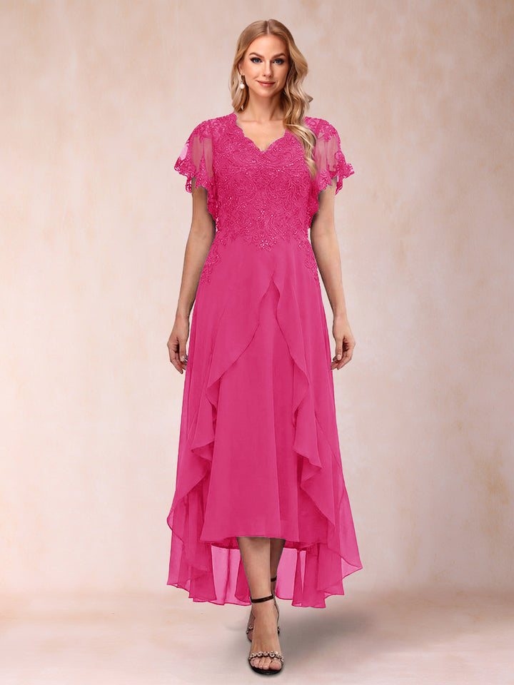 A-Line/Princess V-Neck Short Sleeves Asymmetrical Tea-Length Mother of the Bride Dresses with Appliques &amp; Ruffles