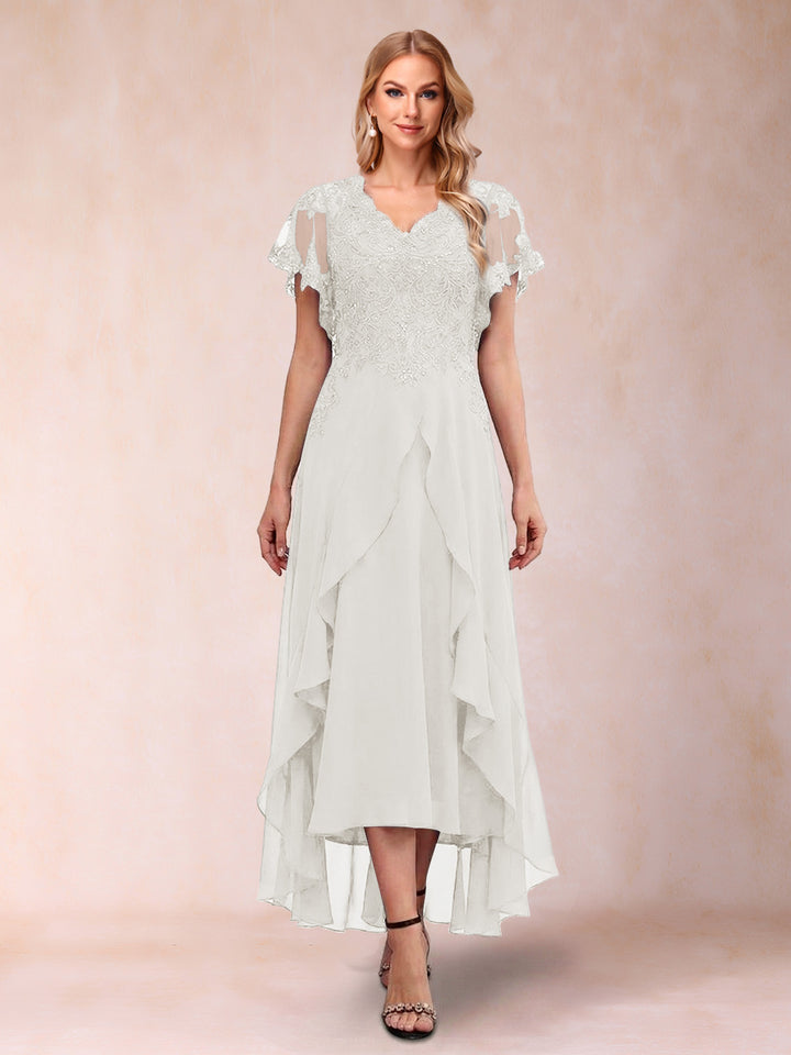 A-Line/Princess V-Neck Short Sleeves Asymmetrical Tea-Length Mother of the Bride Dresses with Appliques &amp; Ruffles