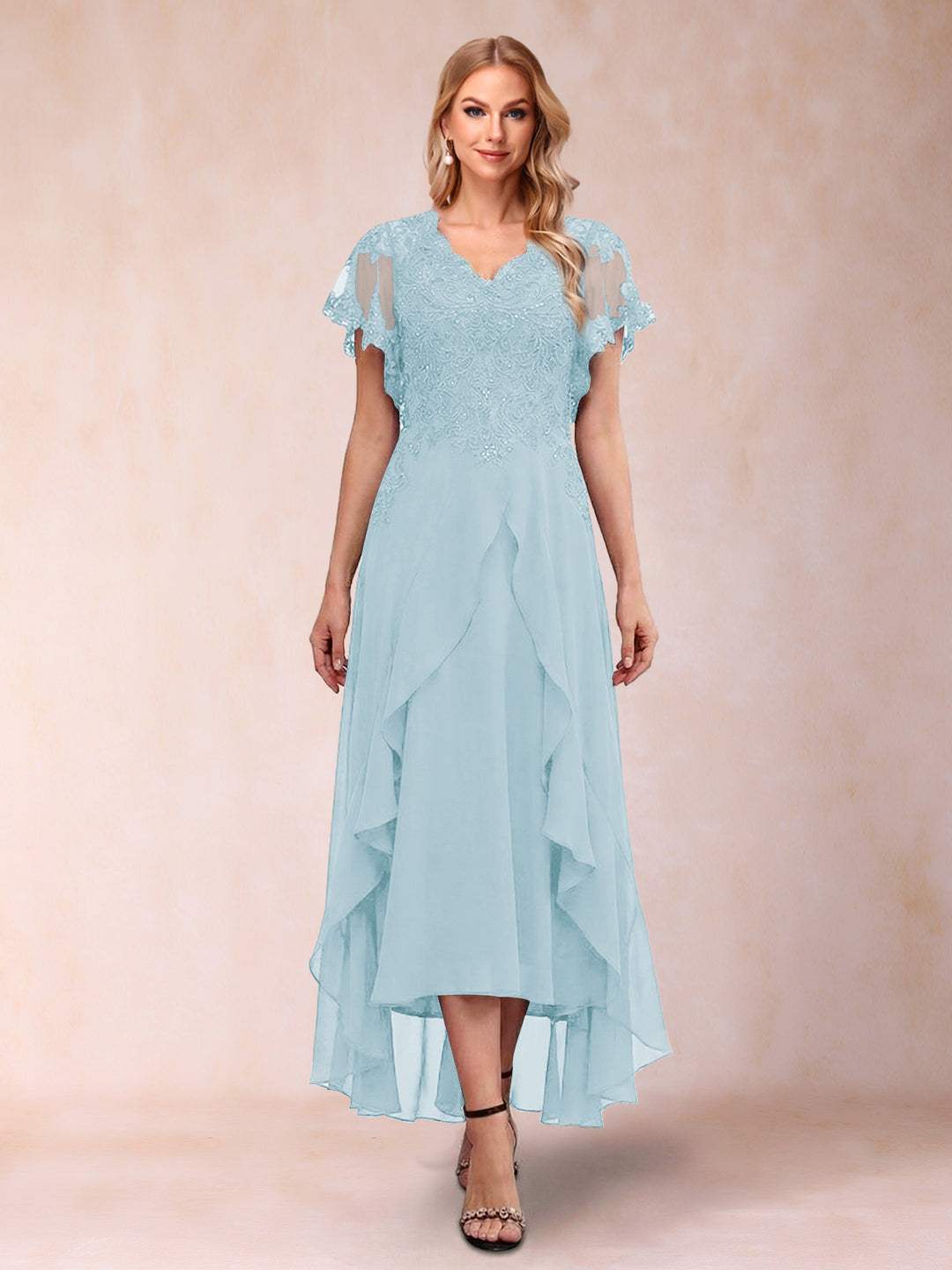 A-Line/Princess V-Neck Short Sleeves Asymmetrical Tea-Length Mother of the Bride Dresses with Appliques &amp; Ruffles