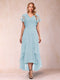 A-Line/Princess V-Neck Short Sleeves Asymmetrical Tea-Length Mother of the Bride Dresses with Appliques & Ruffles