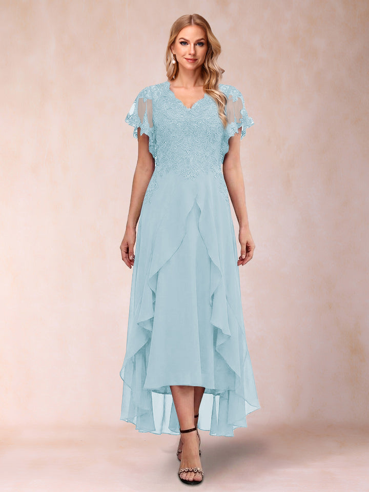 A-Line/Princess V-Neck Short Sleeves Asymmetrical Tea-Length Mother of the Bride Dresses with Appliques &amp; Ruffles