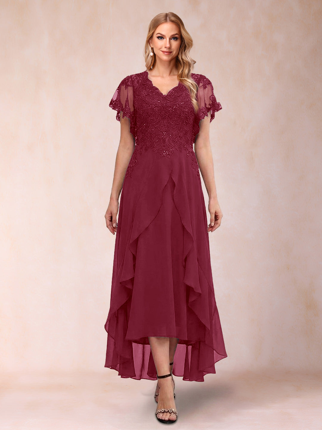 A-Line/Princess V-Neck Short Sleeves Asymmetrical Tea-Length Mother of the Bride Dresses with Appliques &amp; Ruffles
