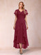 A-Line/Princess V-Neck Short Sleeves Asymmetrical Tea-Length Mother of the Bride Dresses with Appliques & Ruffles